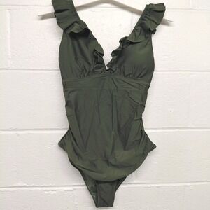Cocopear Dark Olive Green One Piece V-neck Ruffle Open Back Swimsuit Size M NEW
